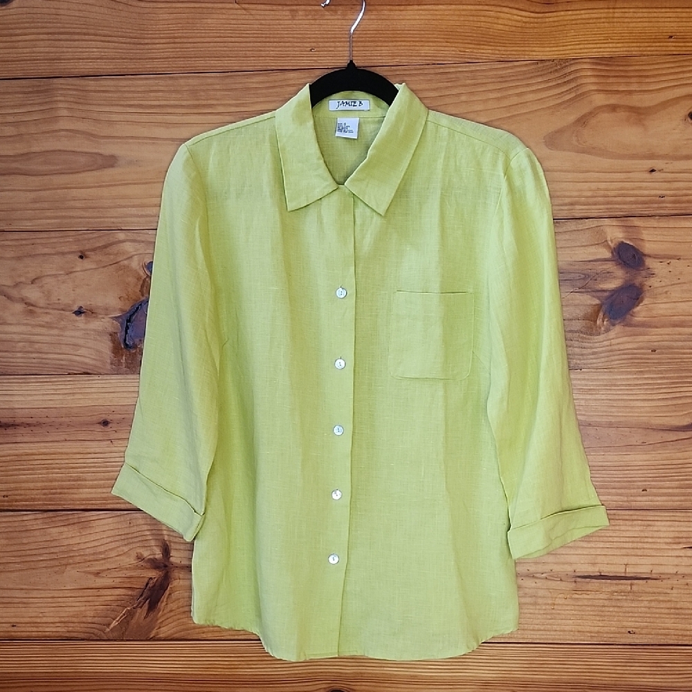 Jamie B Linen Women's Chartruese-Lime Button Down Shirt S